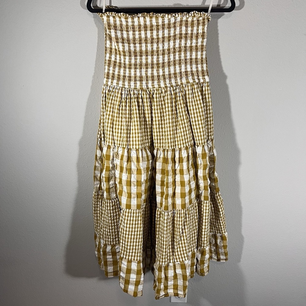 Avec Les Filles Cotton Check Tiered Smocked-Waist Maxi Skirt Size M Cottagecore